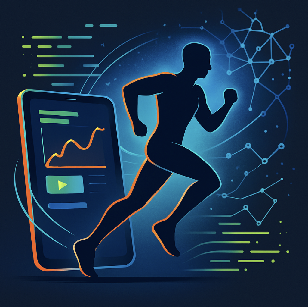 Digital illustration showing a running athlete silhouette next to a glowing smartphone interface, with neon blue and green tech elements symbolizing data, efficiency, and online fitness performance